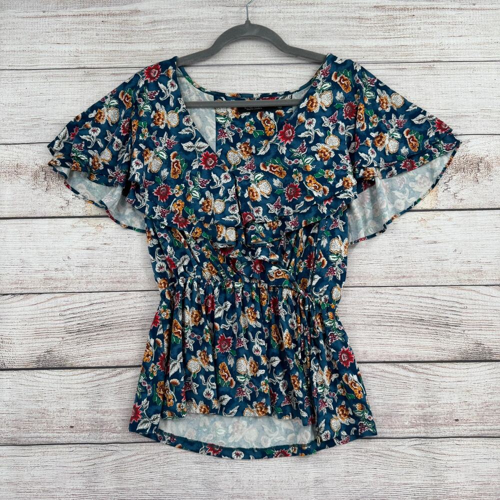 Lauren Ralph Lauren Black Label Floral Faux Wrap‎ Ruffled Blouse Womens S Blue